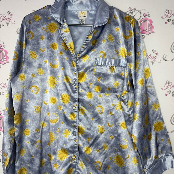 Mantles long sleeve silky satiny button up blue sun stars moon astrology sky π - Picture 4 of 8